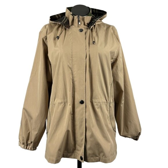 Blair Womens Hooded Jacket Khaki Removeable Plaid Liner Snap Zip Pockets Size L - Picture 1 of 16